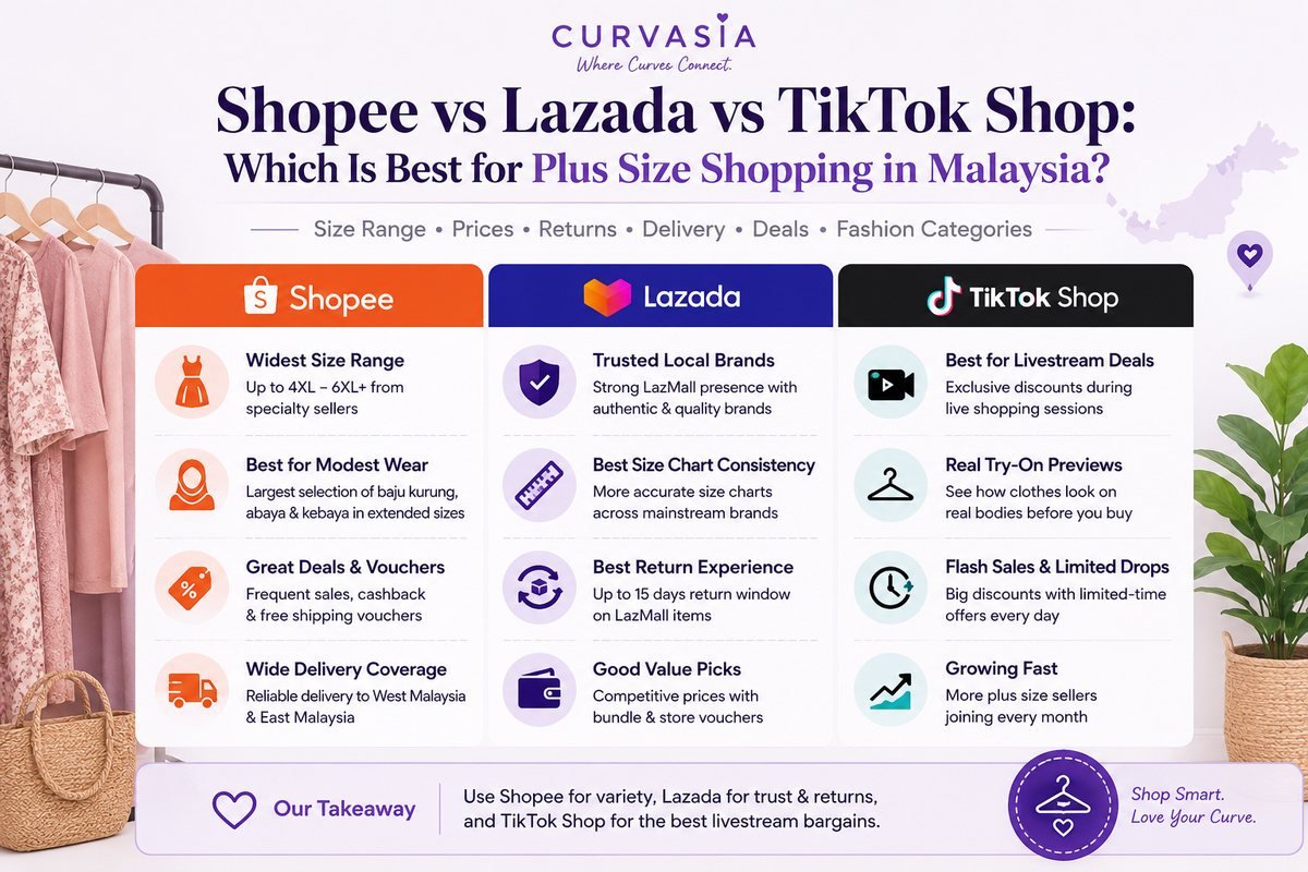 Curvasia infographic comparing Shopee, Lazada and TikTok Shop for plus size shopping in Malaysia, highlighting each platform's strengths in size range, modest fashion, trusted brands, returns, delivery, deals and livestream shopping.