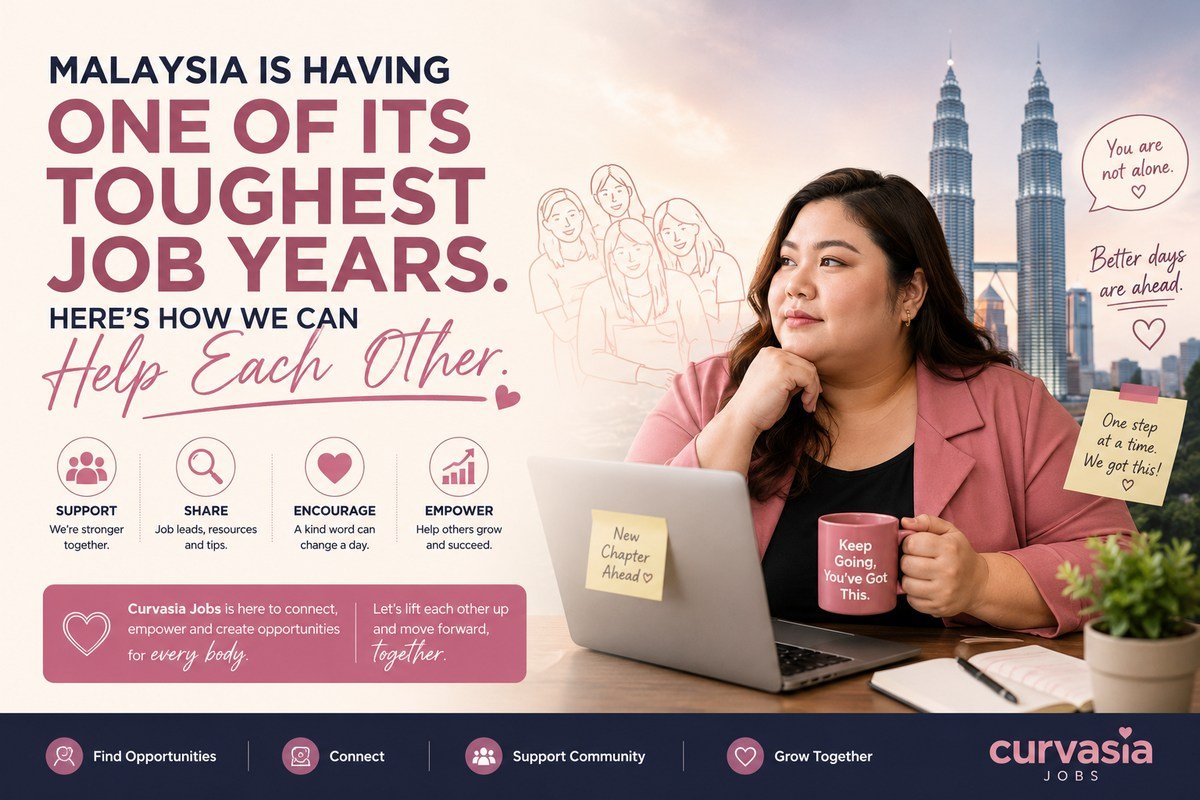 Editorial illustration highlighting Malaysia's challenging job market in 2026, featuring job seekers, employment opportunities, and community support through Curvasia Jobs.