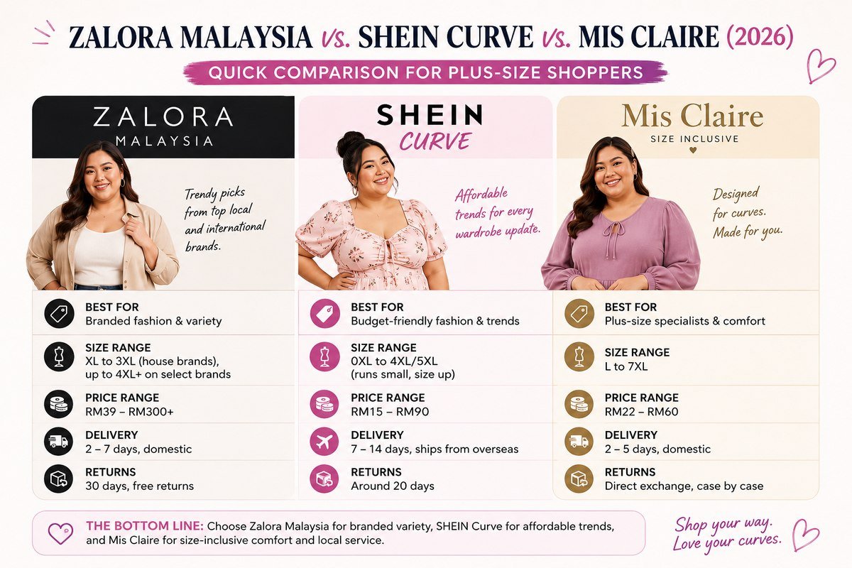 Comparison infographic of Zalora Malaysia vs. SHEIN Curve vs. Mis Claire (2026), showing key differences in plus-size clothing selection, pricing, size range, delivery times, return policies and overall shopping experience.