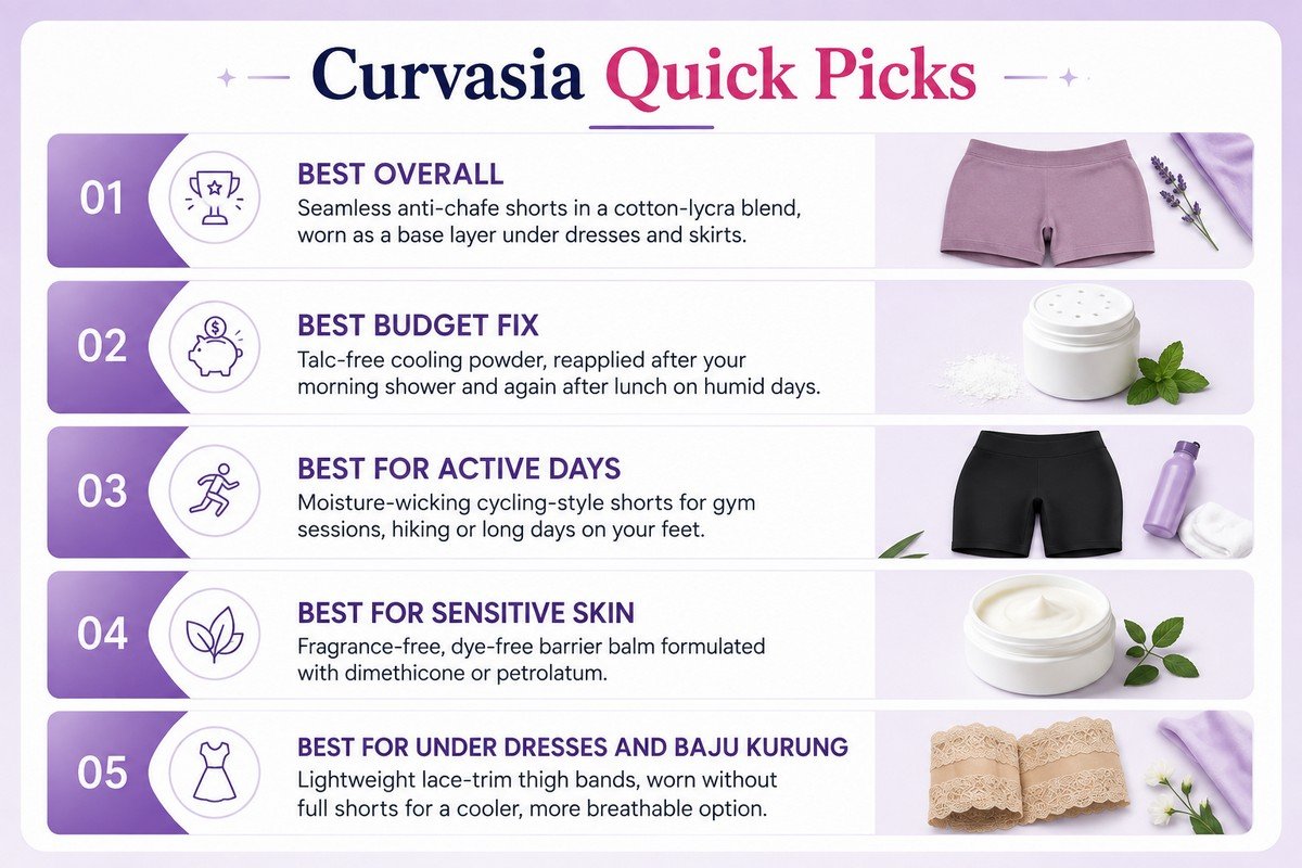Curvasia Quick Picks infographic featuring the best anti-chafing solutions for Malaysia, including anti-chafe shorts, talc-free cooling powder, moisture-wicking active shorts, barrier balm for sensitive skin, and lace thigh bands.