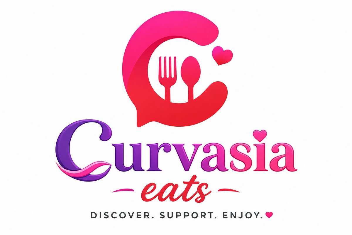 Curvasia Eats logo featuring the original purple-and-pink Curvasia wordmark, a pink and red food-themed icon with fork, spoon and heart, the word “eats,” and the tagline “DISCOVER. SUPPORT. ENJOY.” on a white background.